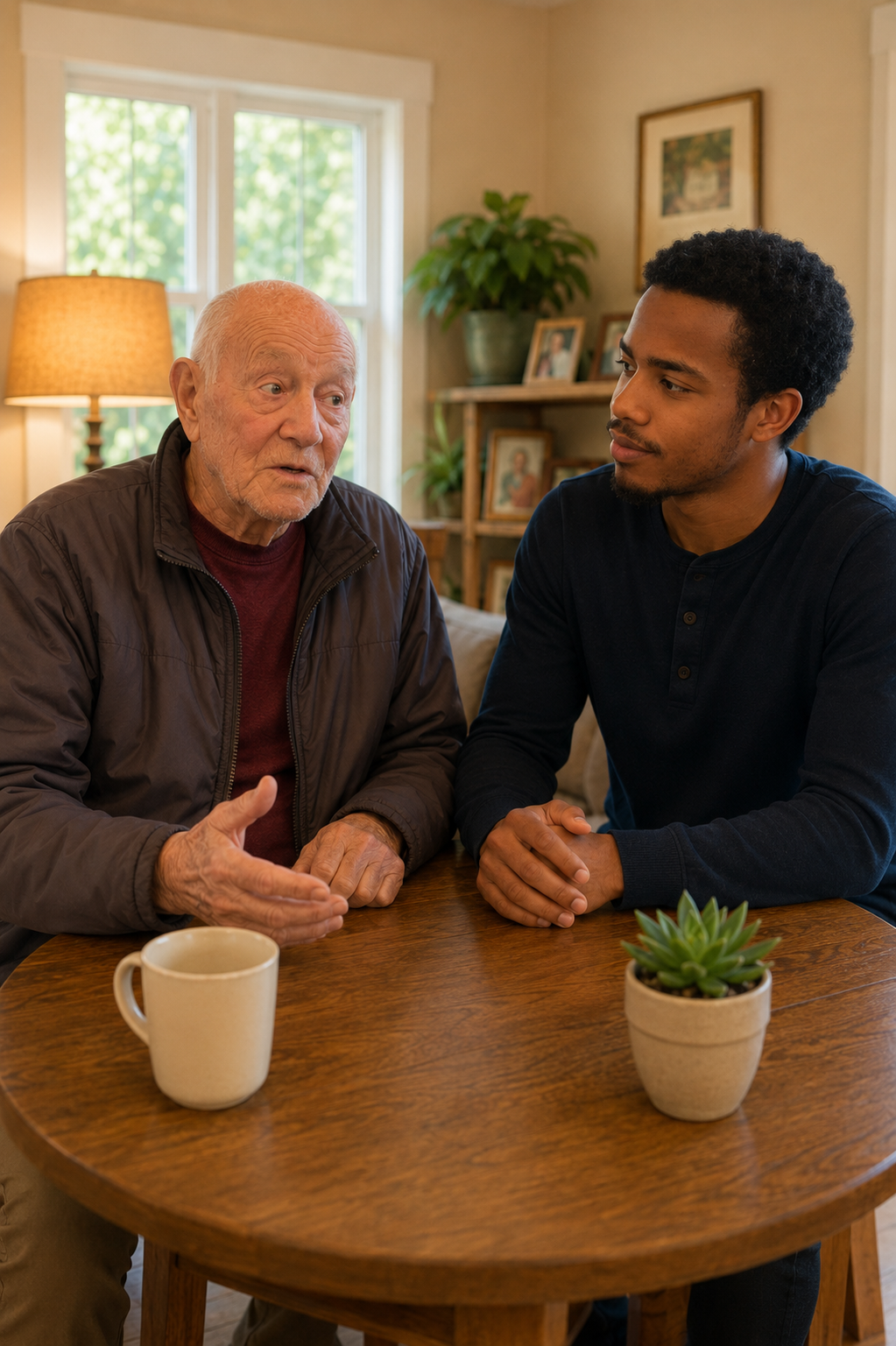 A care advisor and a senior smiling together at a home dining table